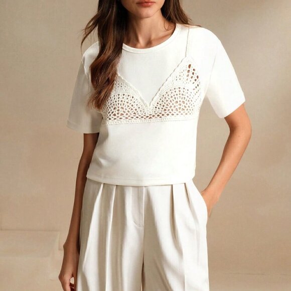 White Casual Women's Round Neck Short Sleeve Lace Patchwork Loose Crop Top - Picture 5 of 7